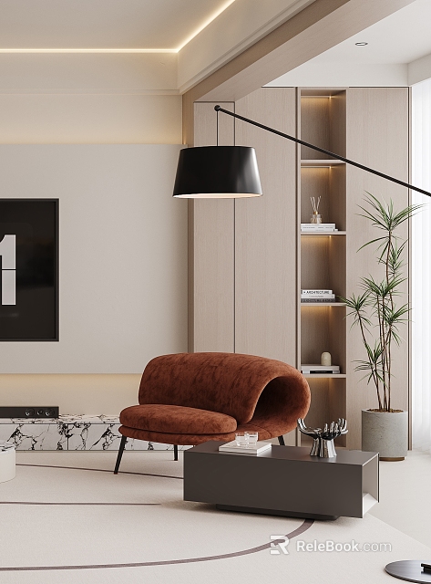 Brown Velvet Accent Chair In Modern Living Room With Black Pendant Light And Wooden Shelves 3d model 