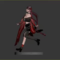Game Anime Character With Pink Red Long Hair Cat Ears Black Outfit Red Skirt