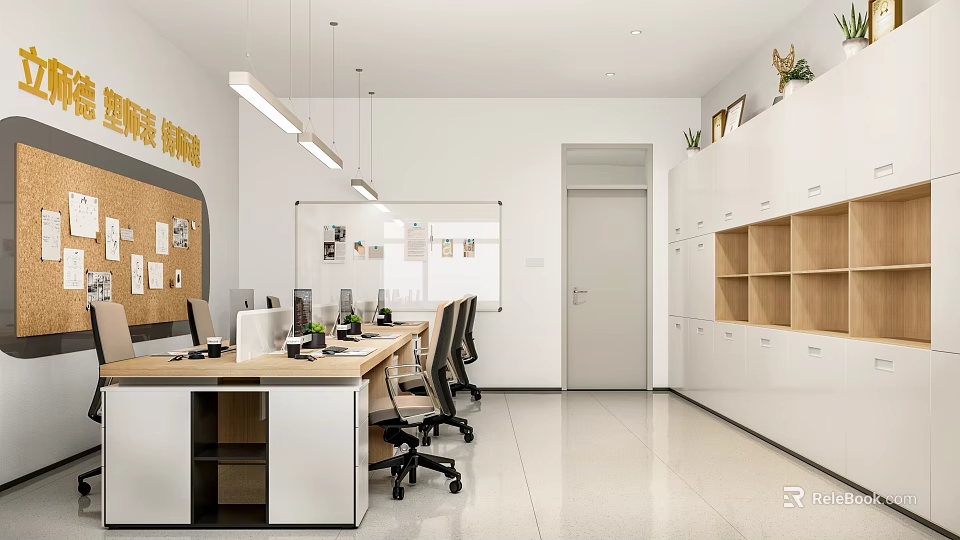 School's Modern Office Interior With Desks Chairs Cabinets And Corkboard 3d model 