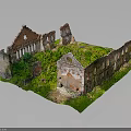 Scenic Ruined Building Model With Overgrown Grass Broken Walls And Arched Structures
