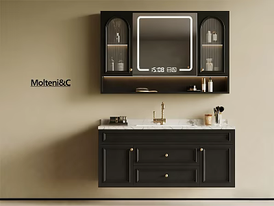 Stylish Black Bathroom Vanity Cabinet With Marble Countertop And Mirror Storage 3d model