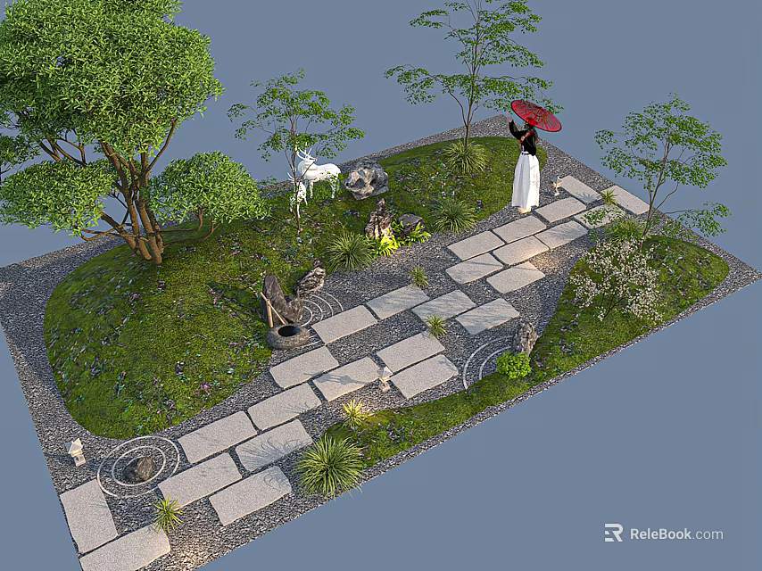Garden Landscape Featuring Stone Path Green Plants Trees And Red Umbrella Person 3d model 
