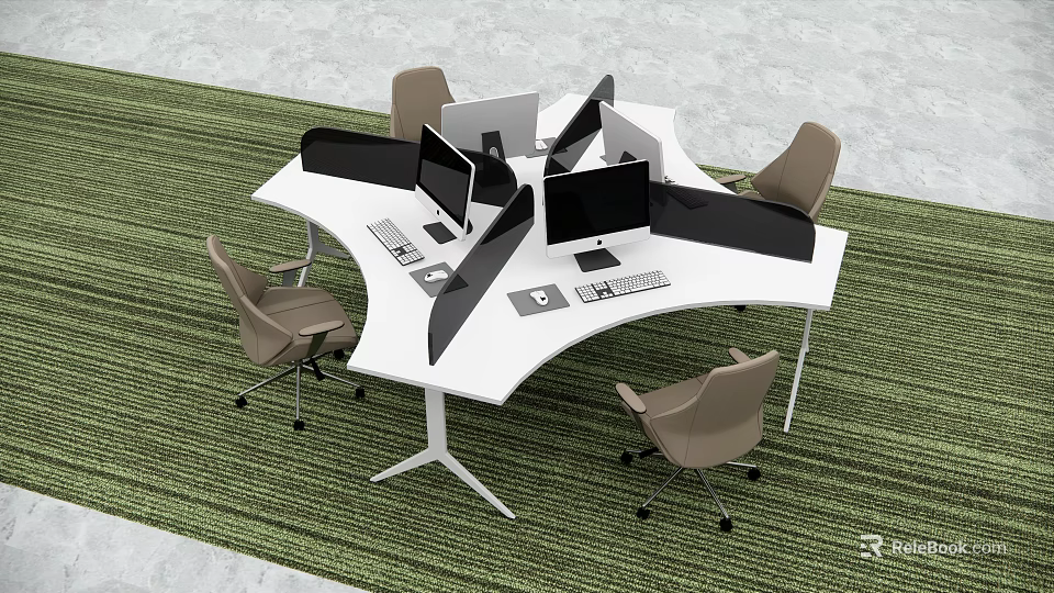 Modern Office Desk With Open Design Multiple Monitors Office Chairs And Green Carpet 3d model 