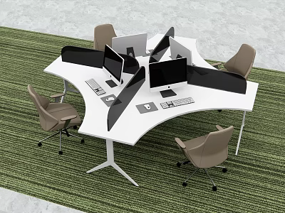 Modern Office Desk With Open Design Multiple Monitors Office Chairs And Green Carpet 3d model