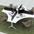 Modern Office Desk With Open Design Multiple Monitors Office Chairs And Green Carpet