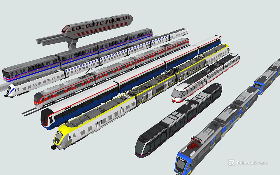 Modern Subway Trains In Various Colors With Different Designs And Styles 3d model 