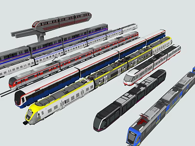 Modern Subway Trains In Various Colors With Different Designs And Styles 3d model