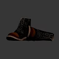Lace up leather boots black and brown with detailed sole reflective surface on dark background