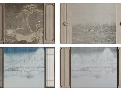 Chinese Style Sofa Background Wall Design With Landscape Paintings And Wooden Frames 3d model