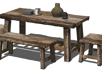 Rustic Wooden Dining Table Set With Bench Stools Natural Wood Vase And Mug 3d model