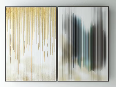 Abstract Decorative Paintings With Gold Vertical Lines And Teal Gray Stripes Hanging On Wall 3d model