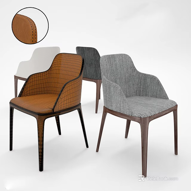 Modern Stylish Dining Chairs With Gray Fabric Brown Leather And Wooden Legs Design 3d model 
