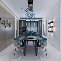 Modern Living Dining Room Interior Design With Blue Chair Large Windows TV Wall And Rug