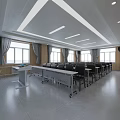 Spacious Conference Room Interior With Rows Of Tables Chairs Mobile Podium Large Windows And Curtains