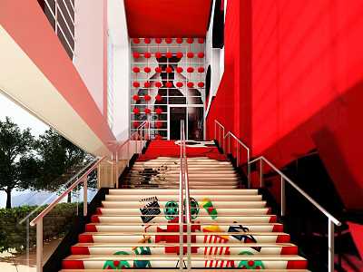 Red Decorative Staircase With Colorful Patterned Steps Metal Railings And Green Plants 3d model