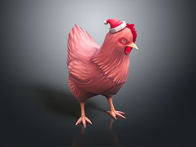 Realistic Standing Pink Hen Figure With Santa Hat And Red Comb 3d model