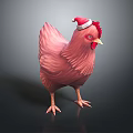 Realistic Standing Pink Hen Figure With Santa Hat And Red Comb