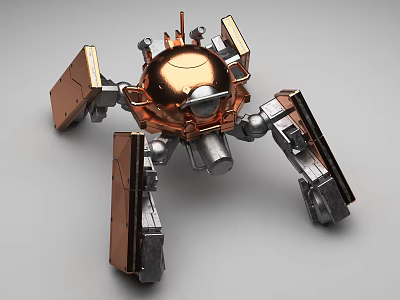 Smart Robot With Copper Spherical Body And Metallic Mechanical Legs Design 3d model
