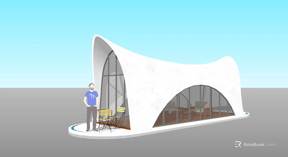 Modern White Curved Station With Large Glass Windows And Outdoor Yellow Chairs 3d model 