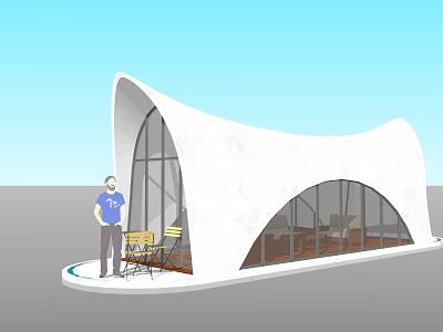 Modern White Curved Station With Large Glass Windows And Outdoor Yellow Chairs 3d model