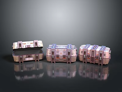 Three Modern Storage Boxes With Blue Stripes Multiple Compartments And Reflective Surface 3d model