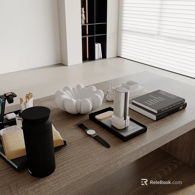 Modern Office Desk Setup With Camera Watch Books And Decorative Vase 3d model 