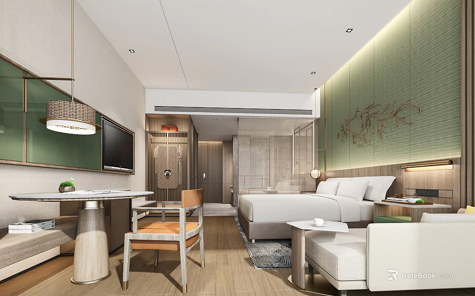 Modern Hotel Guest Room With Bed Sofa TV Table Chair Green Wall And Wooden Floor 3d model 