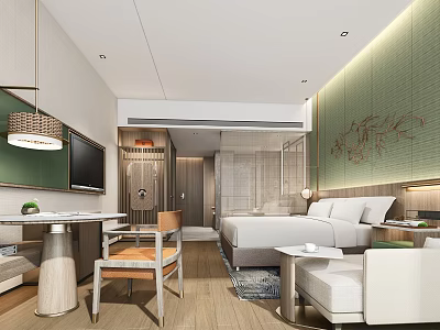 Modern Hotel Guest Room With Bed Sofa TV Table Chair Green Wall And Wooden Floor 3d model