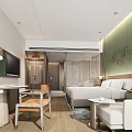 Modern Hotel Guest Room With Bed Sofa TV Table Chair Green Wall And Wooden Floor