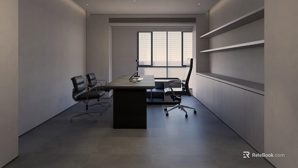 Modern Office Interior Design With Spacious Desk Office Chairs Large Window And Wall Shelves 3d model 