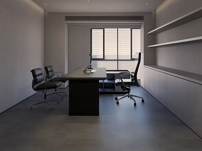Modern Office Interior Design With Spacious Desk Office Chairs Large Window And Wall Shelves 3d model