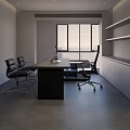 Modern Office Interior Design With Spacious Desk Office Chairs Large Window And Wall Shelves