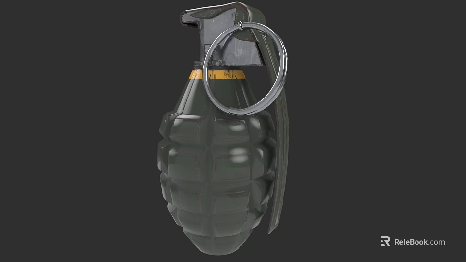 Green Military Grenade With Yellow Stripe And Pull Ring Classic Design 3d model 