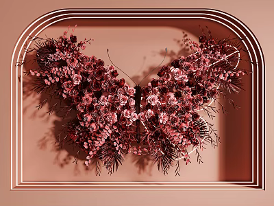 Butterfly Shaped Floral Art Installation With Arched Frame And Pink Flower Arrangement On Neutral Background 3d model