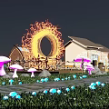 Nighttime Park Landscape With Glowing Mushroom Sculptures Circular Installation And Background Buildings