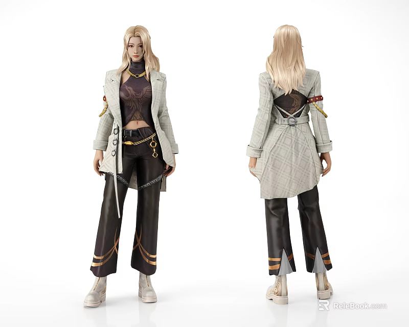 Game and Movie Character Design with Blonde Hair Stylish Coat Backless Details and Decorative Pants 3d model 