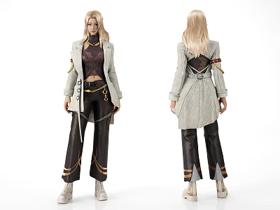Game and Movie Character Design with Blonde Hair Stylish Coat Backless Details and Decorative Pants 3d model