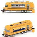 Yellow Food Truck With Serving Display Window Kitchen Equipment And Outdoor Tables Chairs