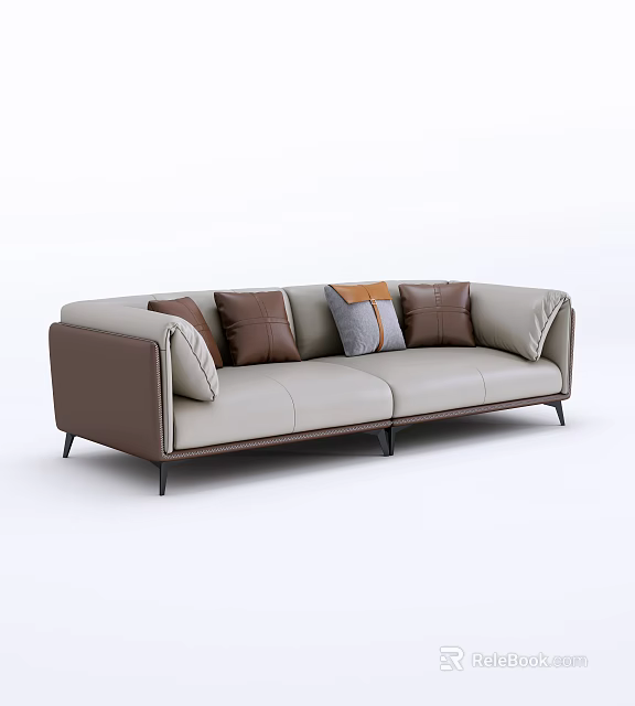 Modern Three Seater Sofa With Beige Brown Leather And Colorful Cushions Black Legs 3d model 