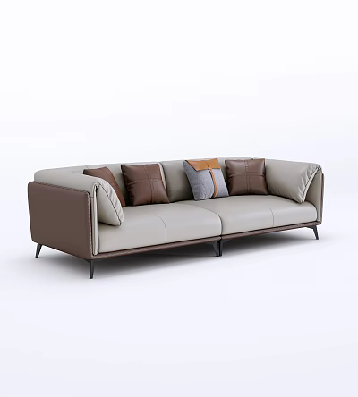 Light Luxury Multiplayer Sofa Leather Brown Pillow Metal Legs 3d model