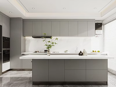 Modern Kitchen Interior With Gray Cabinets Marble Island And Built In Appliances 3d model