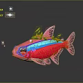 Cute Pink Fish With Blue Stripe Green Decorations And Big Eyes In Starry Background