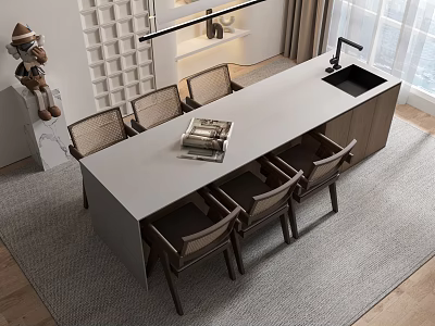 Modern Dining Table And Chairs With Island Counter Sink Faucet And Gray Top 3d model