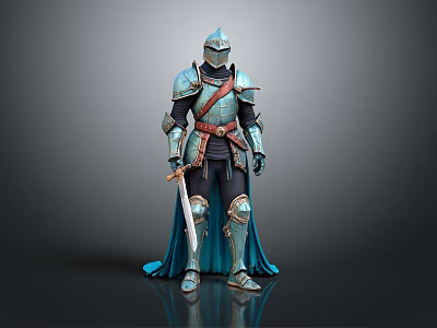 A Man Wearing Medieval Blue Armor With Red Belt And Cloak Holding Sword 3d model