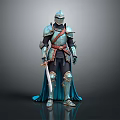 A Man Wearing Medieval Blue Armor With Red Belt And Cloak Holding Sword