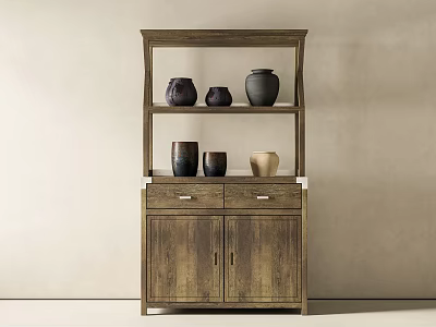 Wooden Console Side Cabinet With Open Shelves Drawers And Ceramic Vases Decor 3d model