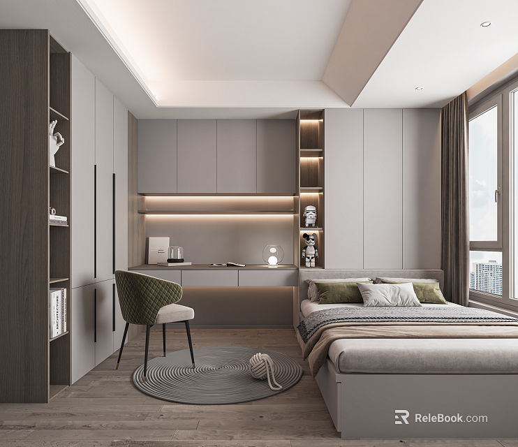 Modern Tatami Bedroom Interior Design With Gray Cabinets Desk Chair and Window 3d model 