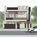 Modern Single Family Villa Exterior Design With Stone Wood Facade Balcony And Trees
