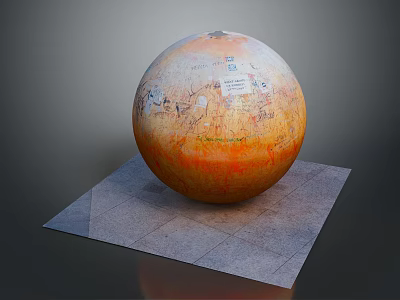 Display of Orange Sphere With Maps and Text on Gray Square Platform 3d model