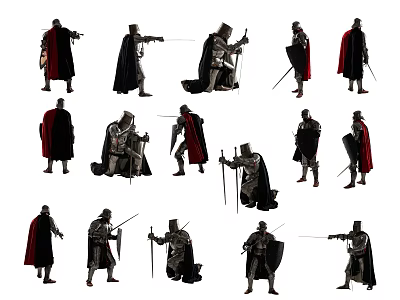 Men in Medieval Knight Armor with Red Capes in Various Action Poses Holding Swords 3d model